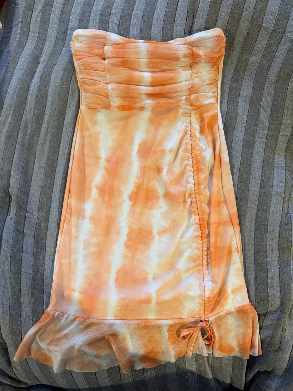 PrettyLittleThing Orange and White Strapless Tie-Dye Ruffle Dress